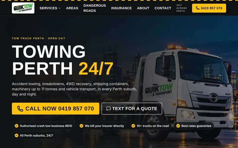 Quik Tow website built by Metatap Digital
